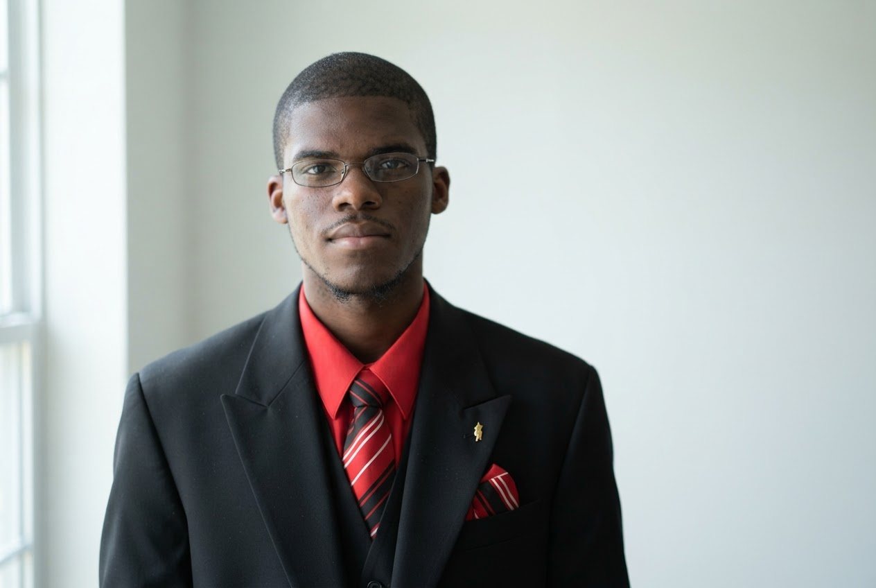 The exact man from the client's supplied photograph — same face, black suit, red shirt, red-striped tie, pocket square
